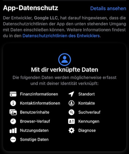 Anzeige im Appstore der erhobenen Daten bei der Google-App